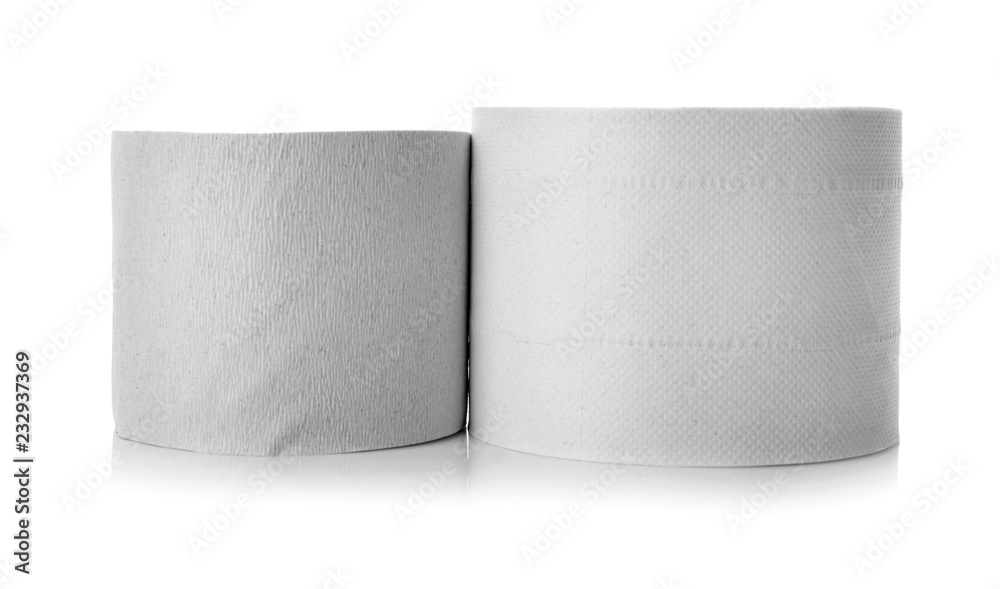 Rolls of toilet paper on white background