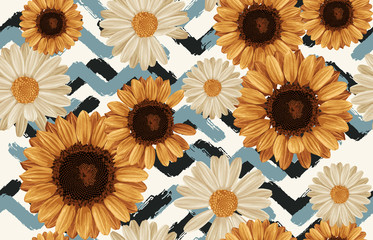 Wall Mural - Printable seamless vintage autumn repeat pattern background with daisies and sunflowers. Botanical wallpaper, raster illustration in super High resolution.