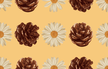 Wall Mural - Printable seamless vintage autumn repeat pattern background with daisies, and pine cones. Botanical wallpaper, raster illustration in super High resolution.