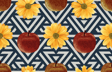 Wall Mural - Printable seamless vintage autumn repeat pattern background with red apples and chrysanthemum flowers. Botanical wallpaper, raster illustration in super High resolution.