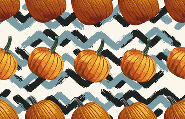 Wall Mural - Printable seamless vintage autumn repeat pattern background with pumpkins. Botanical wallpaper, raster illustration in super High resolution.