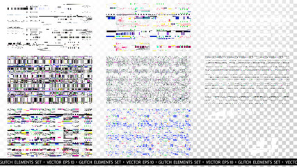 Fototapete - Glitch elements set. Computer screen error templates. Digital pixel noise abstract design. Poster design pixel details. Glitches collection. TV signal fail. Data decay. Technical problem grunge.