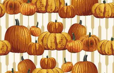 Wall Mural - Printable seamless vintage autumn repeat pattern background with pumpkins. Botanical wallpaper, raster illustration in super High resolution.