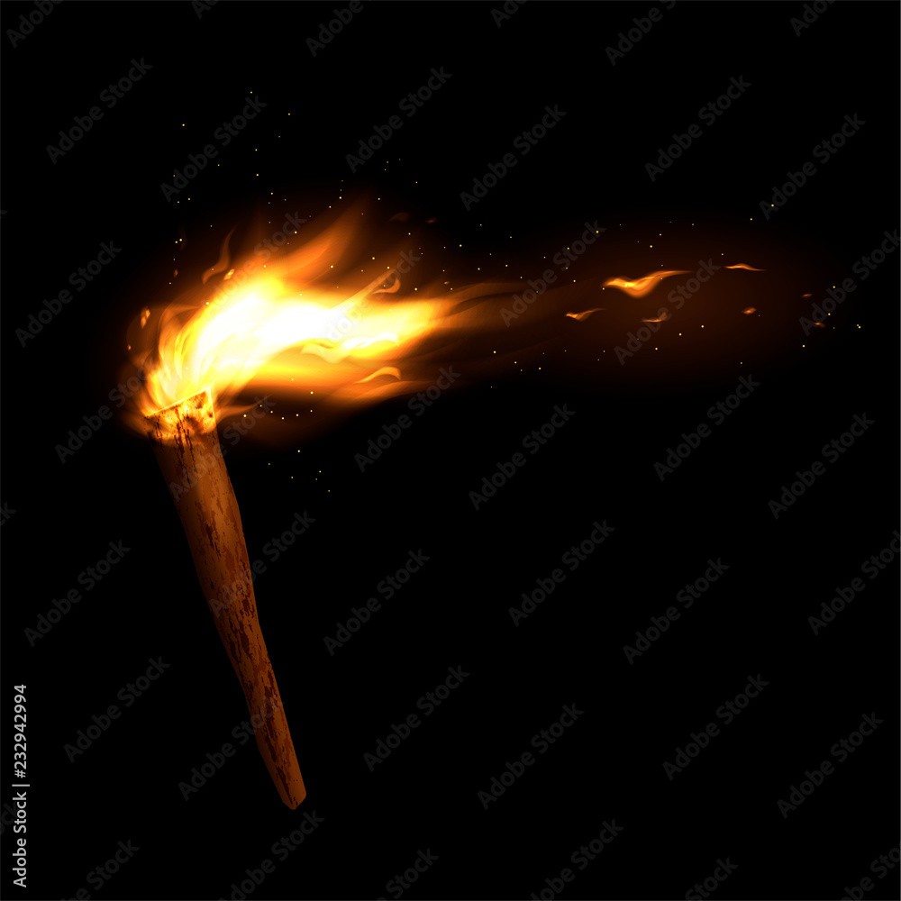 A wooden torch with a burning fire. Bright flame and sparks. Vector illustration. - obrazy, fototapety, plakaty 
