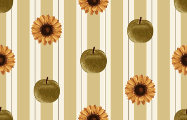 Wall Mural - Printable seamless vintage autumn repeat pattern background with green apples and sunflowers. Botanical wallpaper, raster illustration in super High resolution.