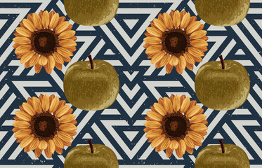 Wall Mural - Printable seamless vintage autumn repeat pattern background with green apples and sunflowers. Botanical wallpaper, raster illustration in super High resolution.