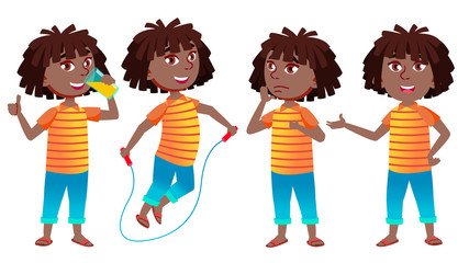 Wall Mural - Girl Schoolgirl Kid Poses Set Vector. Black. Afro American. High School Child. School Student. Expression, Happy Childhood, Positive Person. For Banner, Flyer, Brochure Design. Illustration