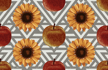 Wall Mural - Printable seamless vintage autumn repeat pattern background with red apples and sunflowers. Botanical wallpaper, raster illustration in super High resolution.