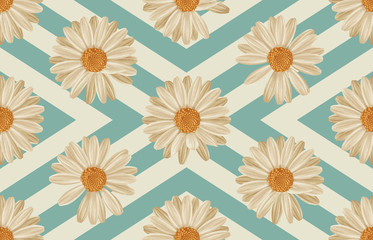 Wall Mural - Printable seamless vintage repeat pattern background with white daisies. Botanical wallpaper, raster illustration in super High resolution.