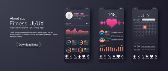 Poster - Different UI, UX, GUI screens fitnes app, responsive mobile app.Web design and mobile template. Infographic on benefits of healthy lifestyle