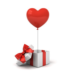 Aufkleber - Open gift box or present box with red ribbon bow and red glossy heart balloon isolated on white background with shadow and reflections 3D rendering