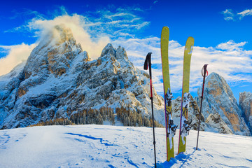 Fototapete - Skiing with amazing panorama of Pale di Sant Martino di Castrozza, Dolomites mountain, Italy