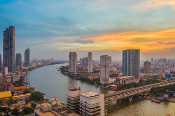 Poster - Aerial view of Bangkok city at evening, Chaopraya River, bangkok, Thailand