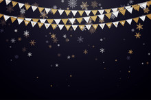 Black Merry Christmas Background With Golden Paper Flags And Snowflakes.