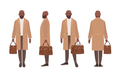 Poster - African American bald man dressed in elegant trench coat or outerwear. Male cartoon character isolated on white background. Front, side and back views. Set of outfits. Flat vector illustration.