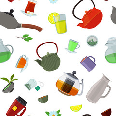 Sticker - Vector cartoon tea kettles and cups pattern or background illustration. Green and tea kettle, drink teapot for breakfast