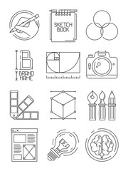 Sticker - Creative process icons. Sketch design branding blogging graphic creative symbols of artists peoples vector illustrations. Business design development process, creative digital tools branding sketch