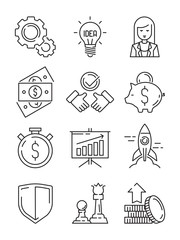 Poster - Finance line icons. Business symbols team strategy and economic support web startup vector outline. Illustration of financial strategy and tactic, profit and saving cash