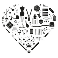 Wall Mural - Tailoring and dressmaking equipment, handcraft supplies icon set for tailor shop. Love sewing craft card stylized in heart shape.