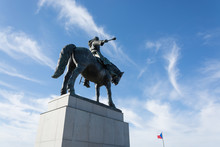 Monument To Jan Zizkov In Prague, Czech Republic, On A Clear Summer Day, Depicting A Statue Of A Strong Medieval Warrior On A Horse 