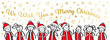 Christmas Carol singers, choir, funny men and women singing We wish you a merry Christmas, stick figures in santa costumes, banner, isolated on white background