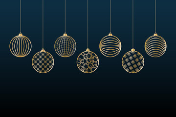 Christmas background Gold balls toy on a blue background Festive background for Christmas and New Year Pattern of gold line toy ball Christmas theme ornament Heder Winter festive background Vector set