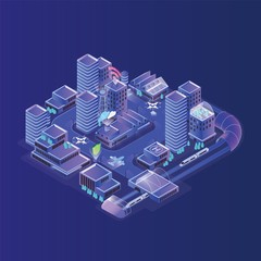 Poster - Smart city model. Modern urban area, district with electronically managing traffic, efficient energy consumption, community services controlling through wi-fi. Creative isometric vector illustration.