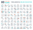 Set Vector Line Icons of Freelancer and Online Education.