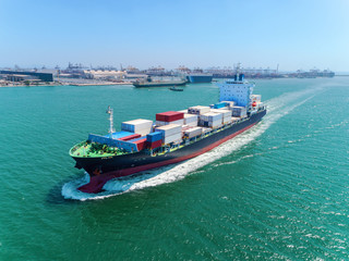 Aerial view container ship at sea port full load container for logistics import  export or transportation concept background.