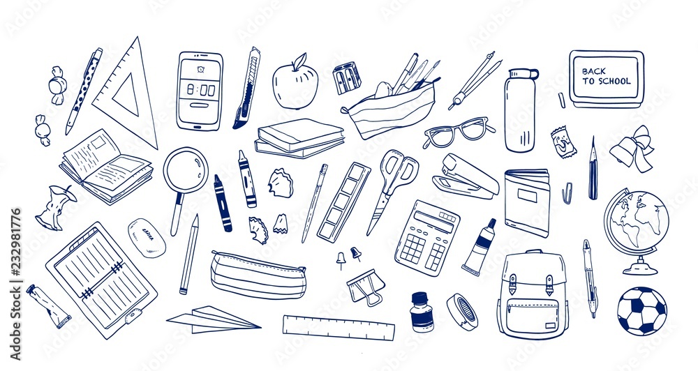 Bundle of school supplies or stationery hand drawn with contour lines on white background. Set of drawings of accessories for lessons, items for education. Monochrome realistic vector illustration. - obrazy, fototapety, plakaty 