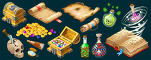 Isometric Cartoon Royal Parchments, Book Of Spells, Treasure Chests, Magical Drinks Or Poisons For Computer Game On Dark Background. Isolated Vector Illustration.