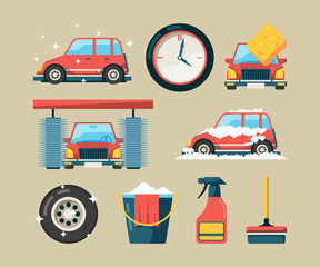 Sticker - Car wash icon set. Foam roller washing machines cleaning auto service vector cartoon symbols isolated. Illustration of car service wash, washer and sponge