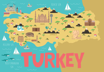 Illustration map of Turkey with nature, animals and landmarks. Editable Vector illustration