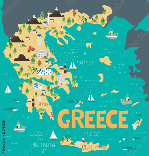 Fotografía Illustration map of Greece with nature, animals and landmarks