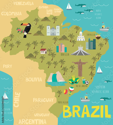 Fotografía Illustration map of Brazil with nature, animals and landmarks