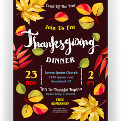 Wall Mural - Thanksgiving dinner poster template with text customized for invitation and autumn leaves.