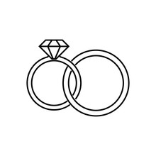 Wedding Rings Linear Icon. Thin Line Illustration. Interlocked Wedding Ring With Diamond Contour Symbol. Vector Isolated Outline Drawing