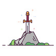 Excalibur sword in the stone. Line style vector illustration. King Arthur sword. Medival cold weapon with golden hilt.