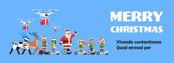 Wall Mural - santa claus elf ride electric scooter drone present delivery service robotic deer artificial intelligence christmas holiday new year concept flat horizontal copy space vector illustration