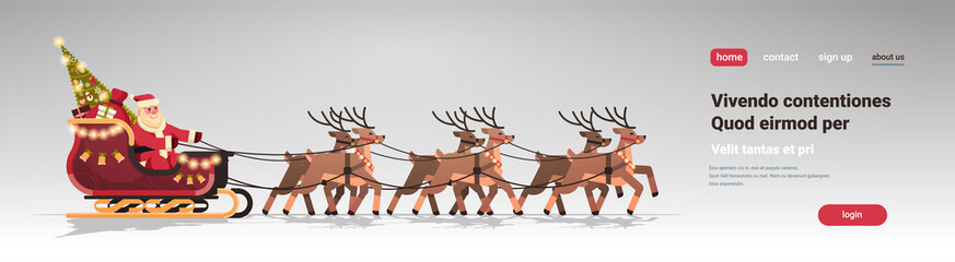 Wall Mural - Santa in sleigh with reindeers merry christmas happy new year greeting card winter holidays concept isolated horizontal flat copy space vector illustration