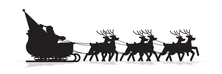 Wall Mural - Santa in sleigh with reindeers silhouette merry christmas happy new year greeting card winter holidays concept isolated horizontal vector illustration