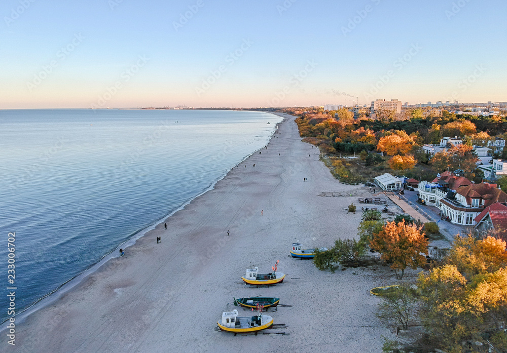 Aerial autumn view for Gdansk sea bay - obrazy, fototapety, plakaty 