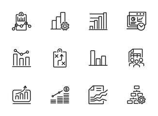 Poster - Business planning icon. Set of line icon on white background. Analytics, recruitment, finding solution. Marketing concept. Vector illustration can be used for topic like business, management, analysis