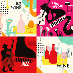Wall Mural - Set of music cards and banners. Music cards with instruments flat vector illustration design. Jazz music festival banners. Colorful jazz concert posters, party flyers, wine tasting events brochures