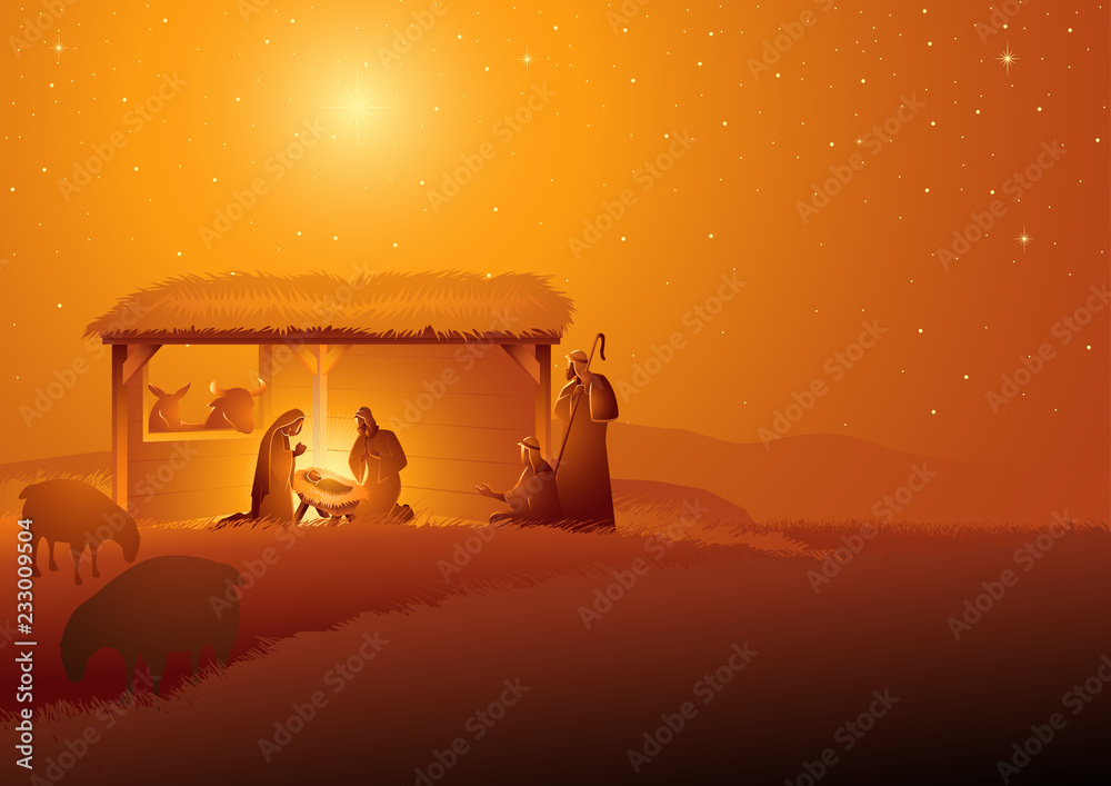 Nativity Scene of The Holy Family In Stable Stock Vector | Adobe Stock