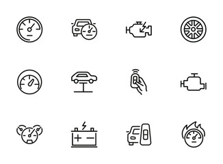 Poster - Car technology line icon set. Wheel, remote key, electric engine. Technology concept. Can be used for topics like electric car, service, car industry