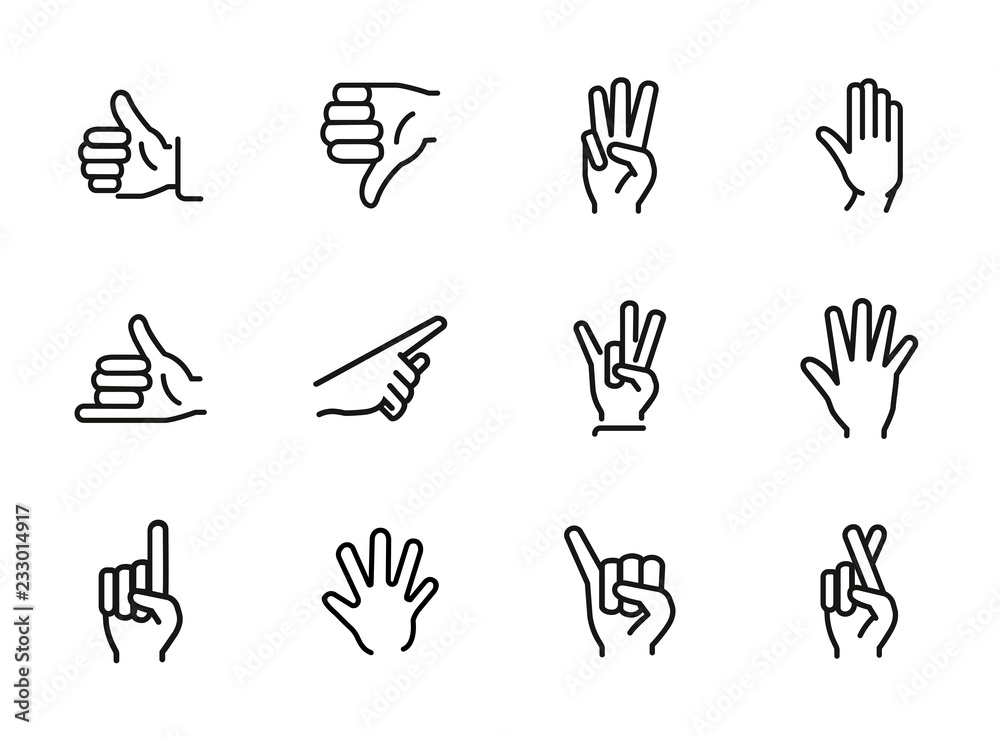 Gestures line icon set. Like, dislike, finger crossed. Gesturing concept. Can be used for topics like hand language, signs, communication - obrazy, fototapety, plakaty 