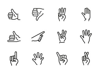 Gestures line icon set. Like, dislike, finger crossed. Gesturing concept. Can be used for topics like hand language, signs, communication