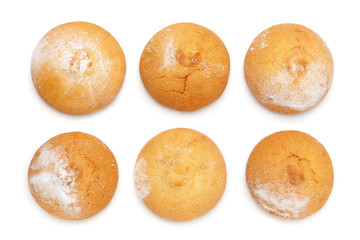 Butter cookies biscuit round shape sprinkled with powdered sugar isolated on a white background