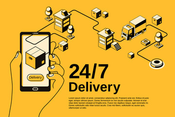 Poster - Delivery service application vector illustration for mail parcel shipping tracking on smartphone. Order shipment logistics technology isometric thin line design on black halftone and yellow background